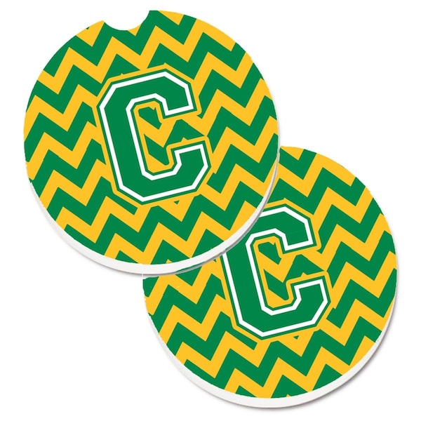 Carolines Treasures Letter C Chevron Green and Gold Set of 2 Cup Holder Car Coaster CJ1059-CCARC - main